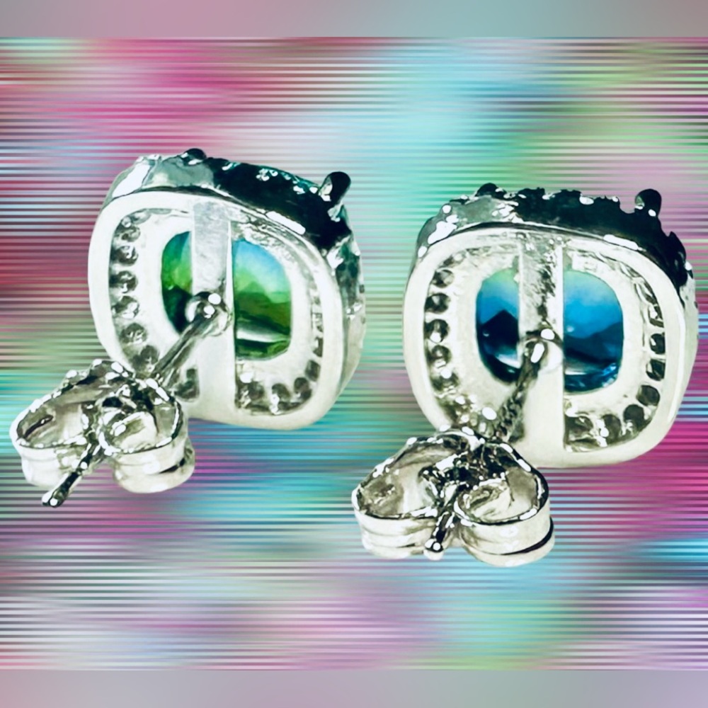 Blue Green Topaz 925 Sterling Cushion Stud Earrings CZ Halo - Picture 10 of 11